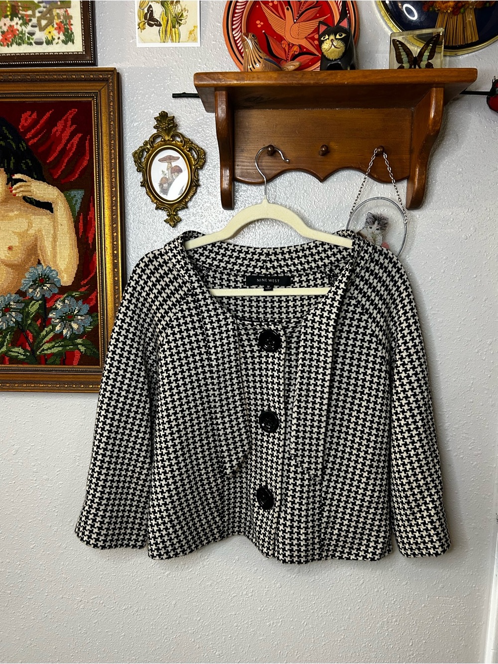 Nine West Black & White Houndstooth Button-Front Cropped Jacket